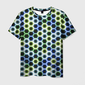 Мужская футболка 3D с принтом Светящиеся неоновые соты   паттерн гексагонов в Кировске, 100% полиэфир | прямой крой, круглый вырез горловины, длина до линии бедер | 