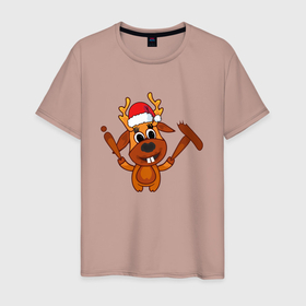 Мужская футболка хлопок с принтом Новогодний олень айтишник , 100% хлопок | прямой крой, круглый вырез горловины, длина до линии бедер, слегка спущенное плечо. | 