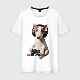 Мужская футболка хлопок с принтом Щенок бультерьера геймер в Белгороде, 100% хлопок | прямой крой, круглый вырез горловины, длина до линии бедер, слегка спущенное плечо. | 