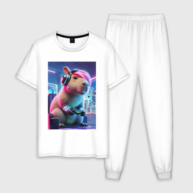 Мужская пижама хлопок с принтом Capybara gamer with fashionable bangs в Екатеринбурге, 100% хлопок | брюки и футболка прямого кроя, без карманов, на брюках мягкая резинка на поясе и по низу штанин
 | 