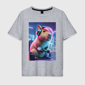 Мужская футболка хлопок Oversize с принтом Capybara gamer with fashionable bangs , 100% хлопок | свободный крой, круглый ворот, “спинка” длиннее передней части | 