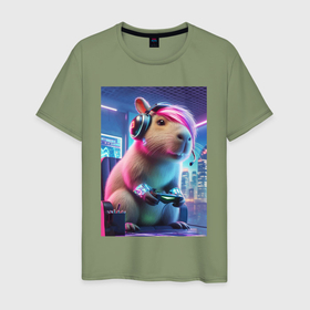 Мужская футболка хлопок с принтом Capybara gamer with fashionable bangs в Тюмени, 100% хлопок | прямой крой, круглый вырез горловины, длина до линии бедер, слегка спущенное плечо. | 