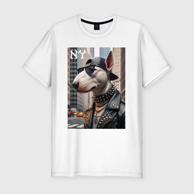 Мужская футболка хлопок Slim с принтом Чувак бультерьер житель Нью Йорка в Тюмени, 92% хлопок, 8% лайкра | приталенный силуэт, круглый вырез ворота, длина до линии бедра, короткий рукав | 