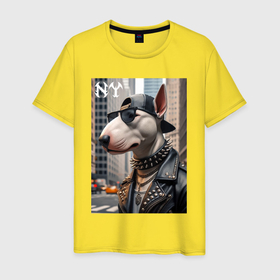 Мужская футболка хлопок с принтом Чувак бультерьер житель Нью Йорка в Белгороде, 100% хлопок | прямой крой, круглый вырез горловины, длина до линии бедер, слегка спущенное плечо. | 
