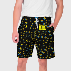 Мужские шорты 3D с принтом PUBG sticker games в Тюмени,  полиэстер 100% | прямой крой, два кармана без застежек по бокам. Мягкая трикотажная резинка на поясе, внутри которой широкие завязки. Длина чуть выше колен | Тематика изображения на принте: 