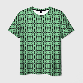 Мужская футболка 3D с принтом Чёрные узоры на зелёном в Тюмени, 100% полиэфир | прямой крой, круглый вырез горловины, длина до линии бедер | Тематика изображения на принте: 