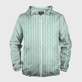 Мужская ветровка 3D с принтом Белый узор на бледно зелёном в Курске, 100% полиэстер | подол и капюшон оформлены резинкой с фиксаторами, два кармана без застежек по бокам, один потайной карман на груди | 