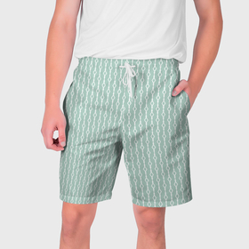 Мужские шорты 3D с принтом Белый узор на бледно зелёном в Белгороде,  полиэстер 100% | прямой крой, два кармана без застежек по бокам. Мягкая трикотажная резинка на поясе, внутри которой широкие завязки. Длина чуть выше колен | 