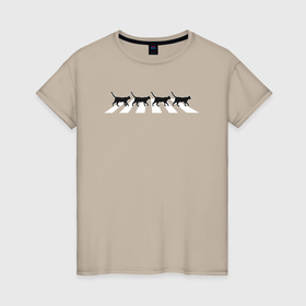 Женская футболка хлопок с принтом Abbey road cats в Курске, 100% хлопок | прямой крой, круглый вырез горловины, длина до линии бедер, слегка спущенное плечо | 