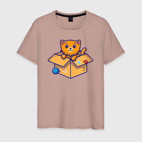 Мужская футболка хлопок с принтом Котенок в коробке в Тюмени, 100% хлопок | прямой крой, круглый вырез горловины, длина до линии бедер, слегка спущенное плечо. | 