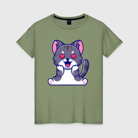 Женская футболка хлопок с принтом Влюблённый котёнок в Петрозаводске, 100% хлопок | прямой крой, круглый вырез горловины, длина до линии бедер, слегка спущенное плечо | 