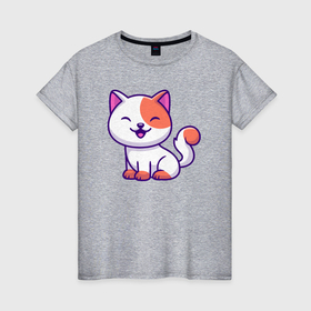 Женская футболка хлопок с принтом Довольный котик в Петрозаводске, 100% хлопок | прямой крой, круглый вырез горловины, длина до линии бедер, слегка спущенное плечо | 