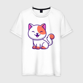Мужская футболка хлопок с принтом Довольный котик в Тюмени, 100% хлопок | прямой крой, круглый вырез горловины, длина до линии бедер, слегка спущенное плечо. | 