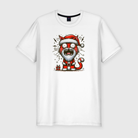 Мужская футболка хлопок Slim с принтом Орущий Новогодний кот в Тюмени, 92% хлопок, 8% лайкра | приталенный силуэт, круглый вырез ворота, длина до линии бедра, короткий рукав | 