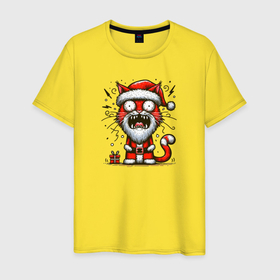 Мужская футболка хлопок с принтом Орущий Новогодний кот в Тюмени, 100% хлопок | прямой крой, круглый вырез горловины, длина до линии бедер, слегка спущенное плечо. | 