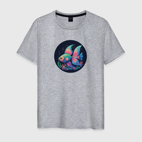 Мужская футболка хлопок с принтом Красочная рыбка и кораллы в Екатеринбурге, 100% хлопок | прямой крой, круглый вырез горловины, длина до линии бедер, слегка спущенное плечо. | 