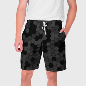 Мужские шорты 3D с принтом Камуфляж гексагон черный в Тюмени,  полиэстер 100% | прямой крой, два кармана без застежек по бокам. Мягкая трикотажная резинка на поясе, внутри которой широкие завязки. Длина чуть выше колен | 