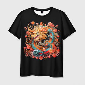 Мужская футболка 3D с принтом Китайский дракон с цветами в Санкт-Петербурге, 100% полиэфир | прямой крой, круглый вырез горловины, длина до линии бедер | 