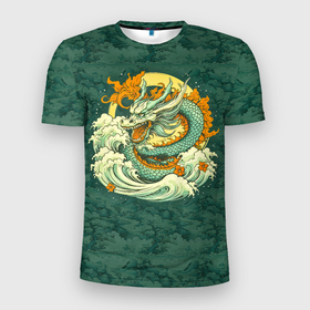 Мужская футболка 3D Slim с принтом Китайский дракон с пейзажем в Тюмени, 100% полиэстер с улучшенными характеристиками | приталенный силуэт, круглая горловина, широкие плечи, сужается к линии бедра | Тематика изображения на принте: 