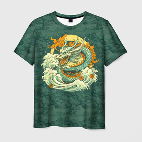 Мужская футболка 3D с принтом Китайский дракон с пейзажем в Санкт-Петербурге, 100% полиэфир | прямой крой, круглый вырез горловины, длина до линии бедер | 