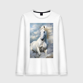 Мужской лонгслив хлопок с принтом Белая лошадь на фоне неба , 100% хлопок |  | Тематика изображения на принте: 