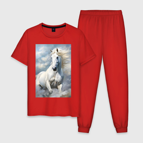 Мужская пижама хлопок с принтом Белая лошадь на фоне неба в Петрозаводске, 100% хлопок | брюки и футболка прямого кроя, без карманов, на брюках мягкая резинка на поясе и по низу штанин
 | 