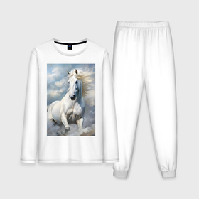 Мужская пижама с лонгсливом хлопок с принтом Белая лошадь на фоне неба в Петрозаводске,  |  | 
