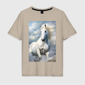 Мужская футболка хлопок Oversize с принтом Белая лошадь на фоне неба в Санкт-Петербурге, 100% хлопок | свободный крой, круглый ворот, “спинка” длиннее передней части | 