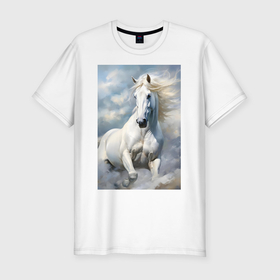 Мужская футболка хлопок Slim с принтом Белая лошадь на фоне неба , 92% хлопок, 8% лайкра | приталенный силуэт, круглый вырез ворота, длина до линии бедра, короткий рукав | Тематика изображения на принте: 