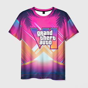 Мужская футболка 3D с принтом GTA6 hot summer Vaporwave , 100% полиэфир | прямой крой, круглый вырез горловины, длина до линии бедер | 