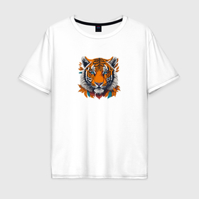 Мужская футболка хлопок Oversize с принтом Голова тигра в листве в Белгороде, 100% хлопок | свободный крой, круглый ворот, “спинка” длиннее передней части | 