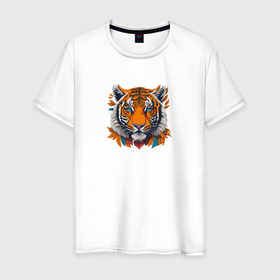 Мужская футболка хлопок с принтом Голова тигра в листве в Екатеринбурге, 100% хлопок | прямой крой, круглый вырез горловины, длина до линии бедер, слегка спущенное плечо. | 