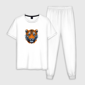 Мужская пижама хлопок с принтом Портрет амурского тигра в Петрозаводске, 100% хлопок | брюки и футболка прямого кроя, без карманов, на брюках мягкая резинка на поясе и по низу штанин
 | 
