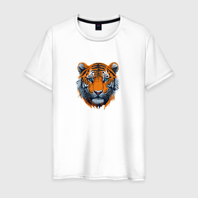 Мужская футболка хлопок с принтом Портрет амурского тигра в Петрозаводске, 100% хлопок | прямой крой, круглый вырез горловины, длина до линии бедер, слегка спущенное плечо. | 