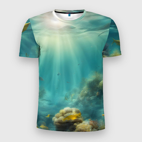 Мужская футболка 3D Slim с принтом Рыбы под водой в Тюмени, 100% полиэстер с улучшенными характеристиками | приталенный силуэт, круглая горловина, широкие плечи, сужается к линии бедра | Тематика изображения на принте: 