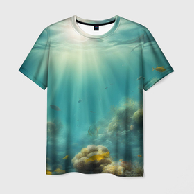 Мужская футболка 3D с принтом Рыбы под водой в Тюмени, 100% полиэфир | прямой крой, круглый вырез горловины, длина до линии бедер | Тематика изображения на принте: 