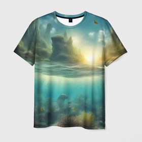 Мужская футболка 3D с принтом Подводный и надводный мир в Курске, 100% полиэфир | прямой крой, круглый вырез горловины, длина до линии бедер | 