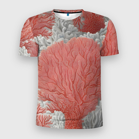 Мужская футболка 3D Slim с принтом Красные и белые кораллы в Тюмени, 100% полиэстер с улучшенными характеристиками | приталенный силуэт, круглая горловина, широкие плечи, сужается к линии бедра | 