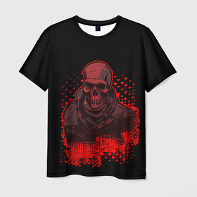 Мужская футболка 3D с принтом Красный скелет на чёрном фоне в Екатеринбурге, 100% полиэфир | прямой крой, круглый вырез горловины, длина до линии бедер | 