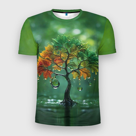 Мужская футболка 3D Slim с принтом Дерево под дождем в Белгороде, 100% полиэстер с улучшенными характеристиками | приталенный силуэт, круглая горловина, широкие плечи, сужается к линии бедра | 