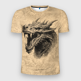 Мужская футболка 3D Slim с принтом Дракон с открытой пастью в Екатеринбурге, 100% полиэстер с улучшенными характеристиками | приталенный силуэт, круглая горловина, широкие плечи, сужается к линии бедра | 