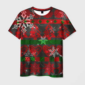 Мужская футболка 3D с принтом Рождественские узоры ёлки и снежинки в Белгороде, 100% полиэфир | прямой крой, круглый вырез горловины, длина до линии бедер | 