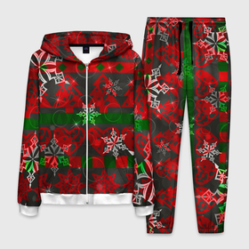 Мужской костюм 3D с принтом Рождественские узоры ёлки и снежинки в Белгороде, 100% полиэстер | Манжеты и пояс оформлены тканевой резинкой, двухслойный капюшон со шнурком для регулировки, карманы спереди | 