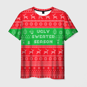 Мужская футболка 3D с принтом Ужасный новогодний свитер в Петрозаводске, 100% полиэфир | прямой крой, круглый вырез горловины, длина до линии бедер | 