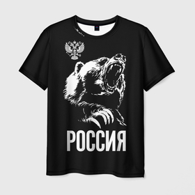 Мужская футболка 3D с принтом Руссия бурый медведь в Петрозаводске, 100% полиэфир | прямой крой, круглый вырез горловины, длина до линии бедер | 