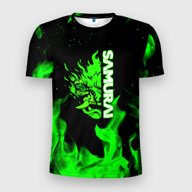 Мужская футболка 3D Slim с принтом Samurai green fire toxic в Екатеринбурге, 100% полиэстер с улучшенными характеристиками | приталенный силуэт, круглая горловина, широкие плечи, сужается к линии бедра | 