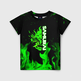 Детская футболка 3D с принтом Samurai green fire toxic в Петрозаводске, 100% гипоаллергенный полиэфир | прямой крой, круглый вырез горловины, длина до линии бедер, чуть спущенное плечо, ткань немного тянется | Тематика изображения на принте: 