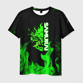 Мужская футболка 3D с принтом Samurai green fire toxic в Санкт-Петербурге, 100% полиэфир | прямой крой, круглый вырез горловины, длина до линии бедер | Тематика изображения на принте: 