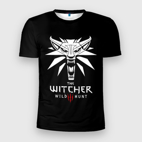 Мужская футболка 3D Slim с принтом The Witcher белое лого гейм в Петрозаводске, 100% полиэстер с улучшенными характеристиками | приталенный силуэт, круглая горловина, широкие плечи, сужается к линии бедра | Тематика изображения на принте: 