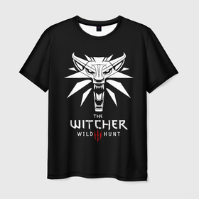 Мужская футболка 3D с принтом The Witcher белое лого гейм в Петрозаводске, 100% полиэфир | прямой крой, круглый вырез горловины, длина до линии бедер | Тематика изображения на принте: 